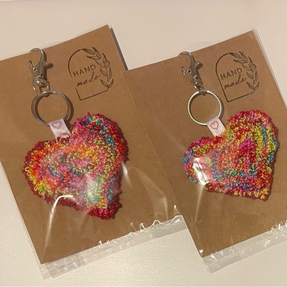 Multicolor Heart Keychain with Red Ribbon ❤️❤️❤️ Punch Needle Art